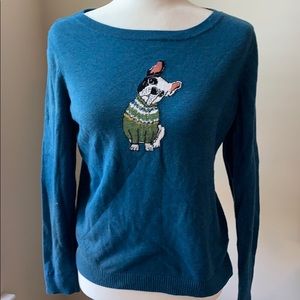 Blue sweater with Frenchie